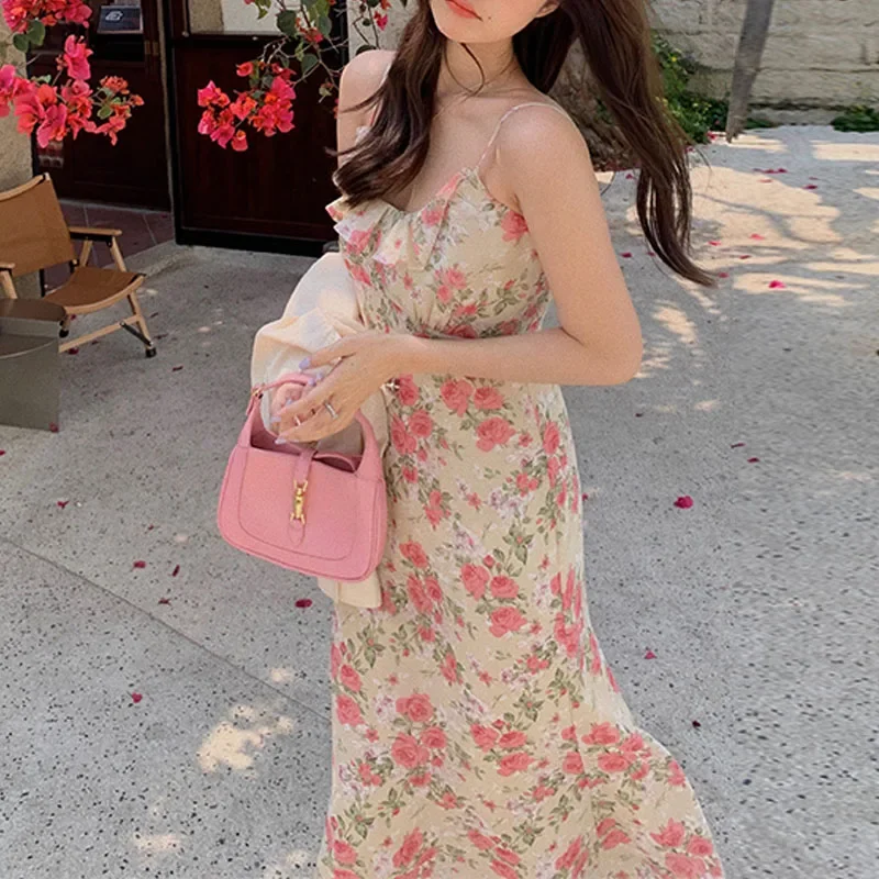 

2021 Summer Vintage Midi Dress Women Casual Design Elegant Floral Strap Dress Female Beach One Piece Dress Korean Offpce Lady