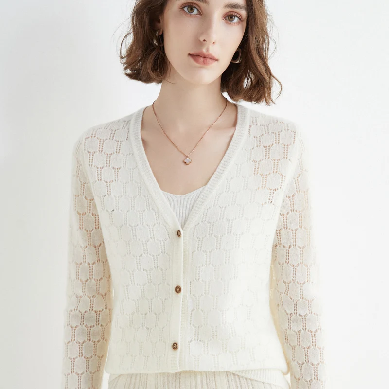 Spring and Autumn Women's V-neck Hollow Out Diamond Pattern Cardigan Soft and Sweet     D18