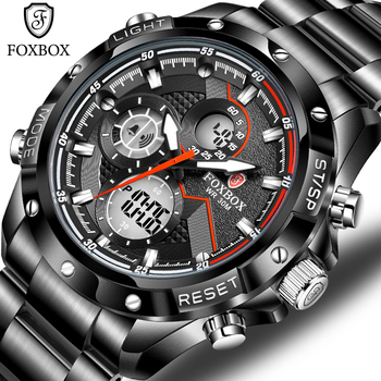 2022 FOXBOX Men Watch Luxury Dual Display Stainless Steel Sport Watch for Men Waterproof Luminous Quartz Wristwatch Mens Watches-36689