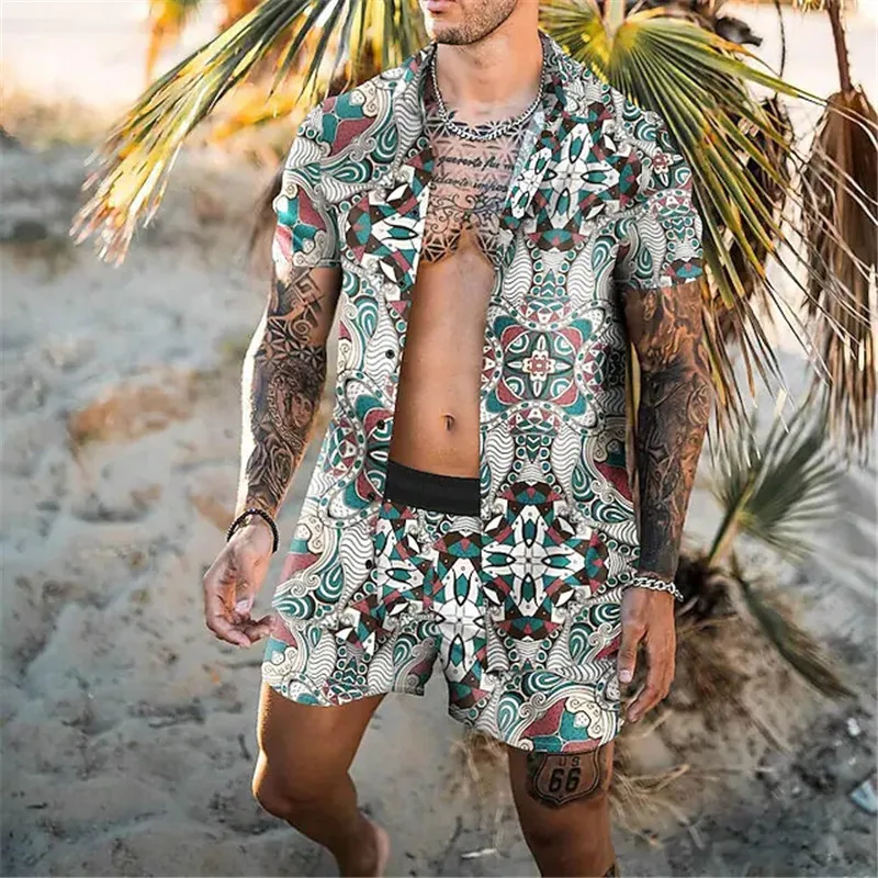 

Men's suit 2022 summer fashion new 3D color stripe printing shorts shirt two-piece breathable beach sports volleyball suit