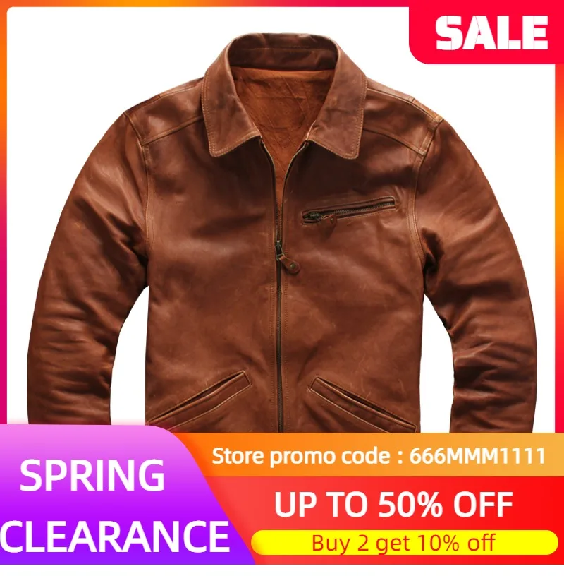 

Мужская повседневная кожаная куртка, коричневая облегающая осенняя куртка из натуральной овечьей шкуры, модель 4XL в американском стиле, 2022