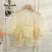 rin confa summer thin single breasted pretty top mesh fabric join together round collar top women fashion fake two pieces small