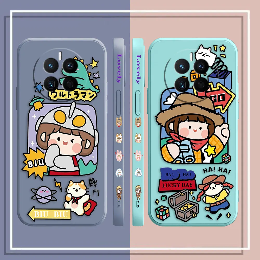Cute Little Girl Cat Phone Case For Huawei MATE 10 20 20X 30 40 50 P20 P30 P40 P50 P60 PRO PLUS Colour Liquid Case Cover Funda
