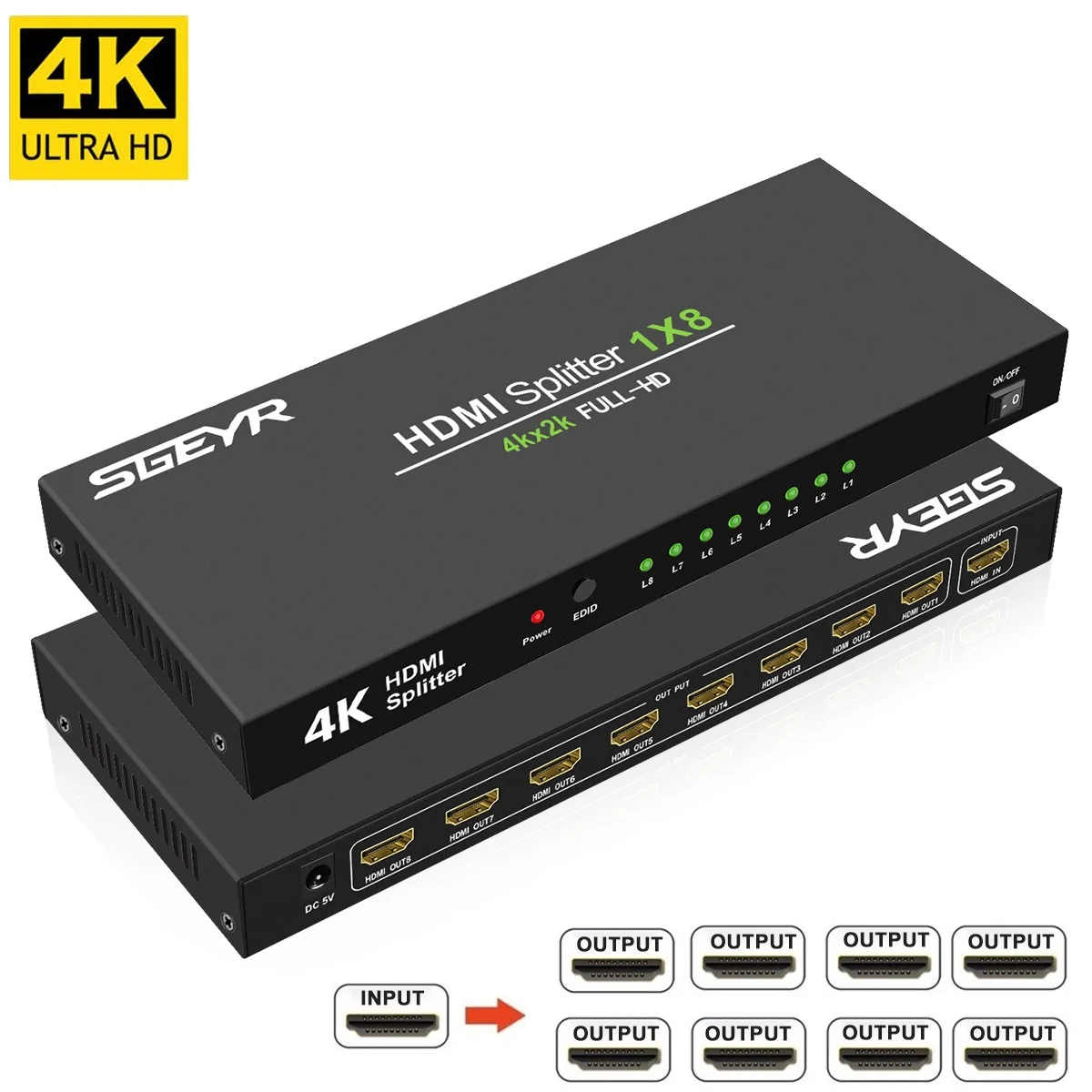 

SGEYR Ultra HD HDMI V1.4 Certified Splitter HDMI 1 In 8 Out Switcher with 4Kx2K@ 30Hz,3840x2160,1080P,3D-1 Source to 8 Displays