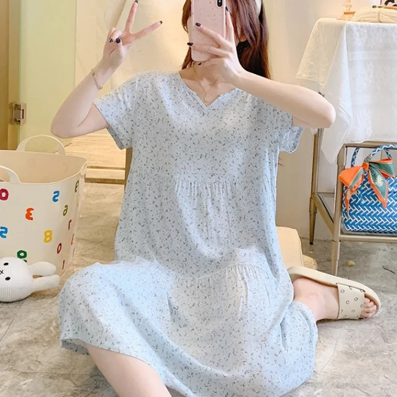 Ladies Pajamas Nightdress Cotton Silk Summer Style Sleep Dresses Women Middle-aged Mother Nightgown