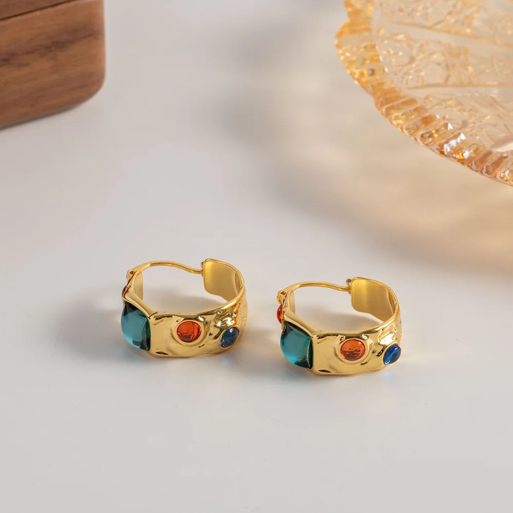 

French Baroque pleated colored glazed earrings for Women Brass 18K Plated Gold Does Not Fade Jewelry