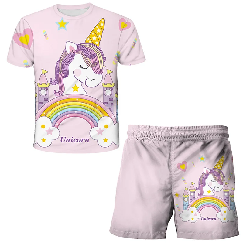 

Summer Girls Unicorn Clothes Suit Children Fashion Boys Girls Cartoon T-Shirt Shorts 2Pcs set Casual Clothing Kids Tracksuits