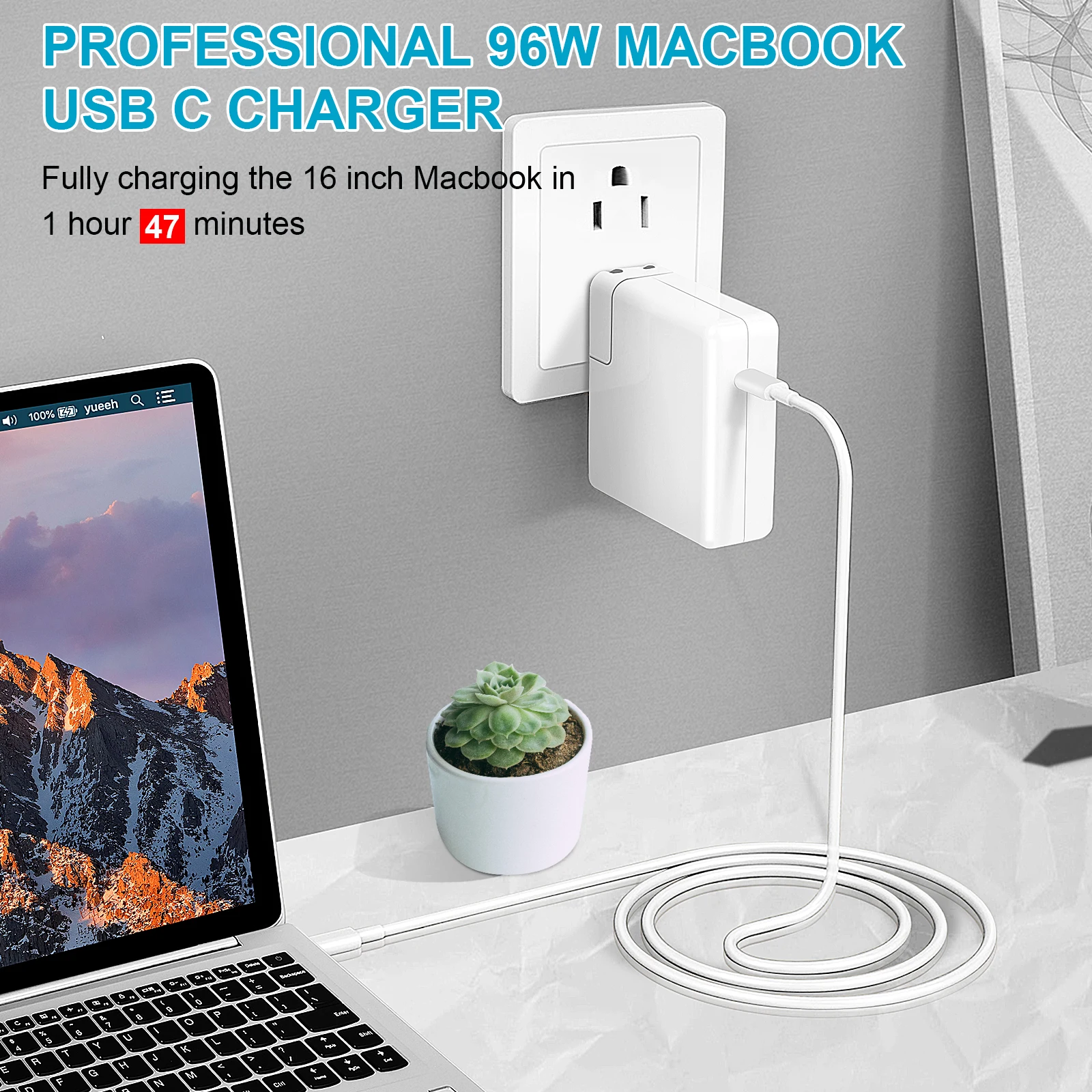 

96W 20V 4.7A Power Laptop Adapter Fast Charging Block for Macbook Pro Huawei Matebook HP DELL XPS Notebook Phone 2M USB C Cable