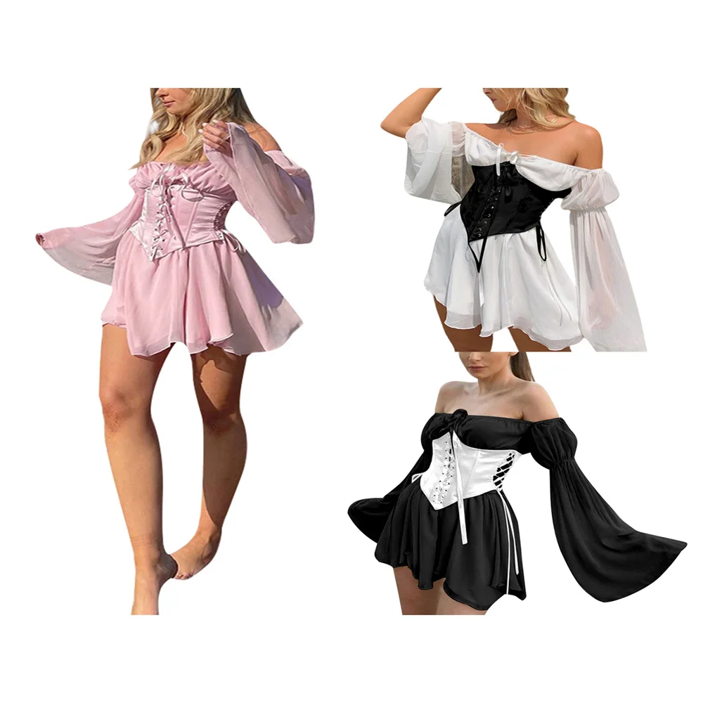 

Hirigin Women’s Summer Casual Long Sleeve Fashion Solid Color Mesh Yarn Slash Neck Loose Short Mini Dress, S/M/L