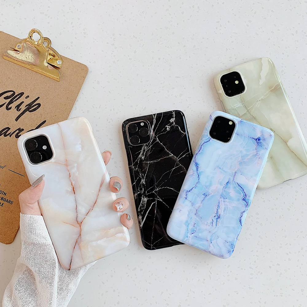 

Phone Case For iPhone 12 13 11 Pro Max XR XS Max 6 6S 7 8 Plus X Glossy Cracked Marble Soft IMD Full Body Shockproof Back Cover