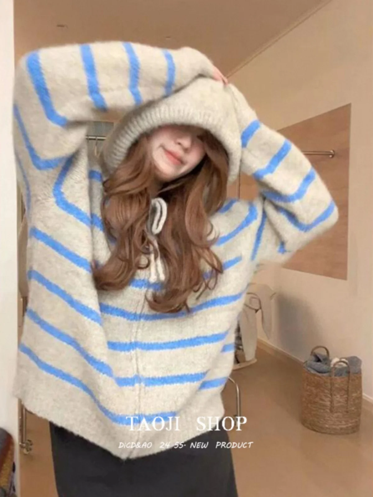 Korean Series Idle Sle Contrast Color Stripe Hood Long sleeve Sweater Outerwear Women Autumn and Winter New Loose Thick Kni...