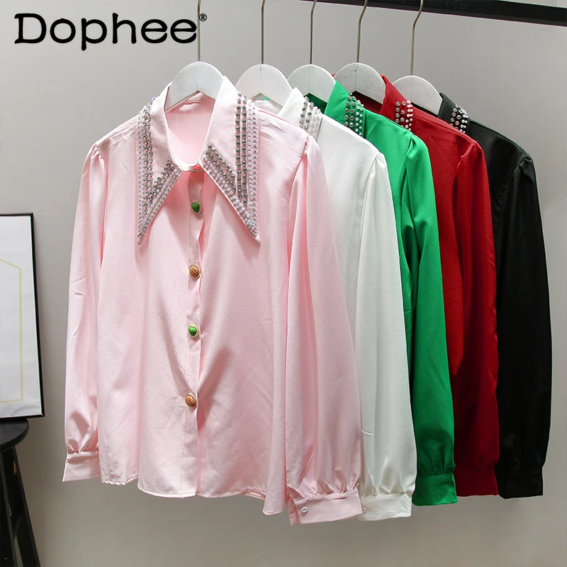 

Heavy Rhinestones Beaded Pointed Collar Button Up Shirt Women Korean Loose Slimming Long Sleeves Blouse 2022 Spring Cardigan Top