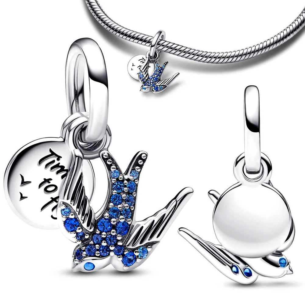 

Blue Sparkling Swallow 925 Sterling Silver Dangle Charm Fit Silver 925 original bracelet charm For Women Diy Jewelry
