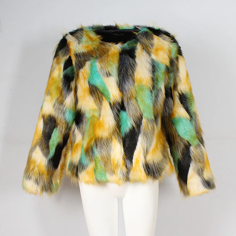 Women's Leather Fur Coat Colorful Gradient Imitation Fur Short Jacket Female Faux Fur Coat