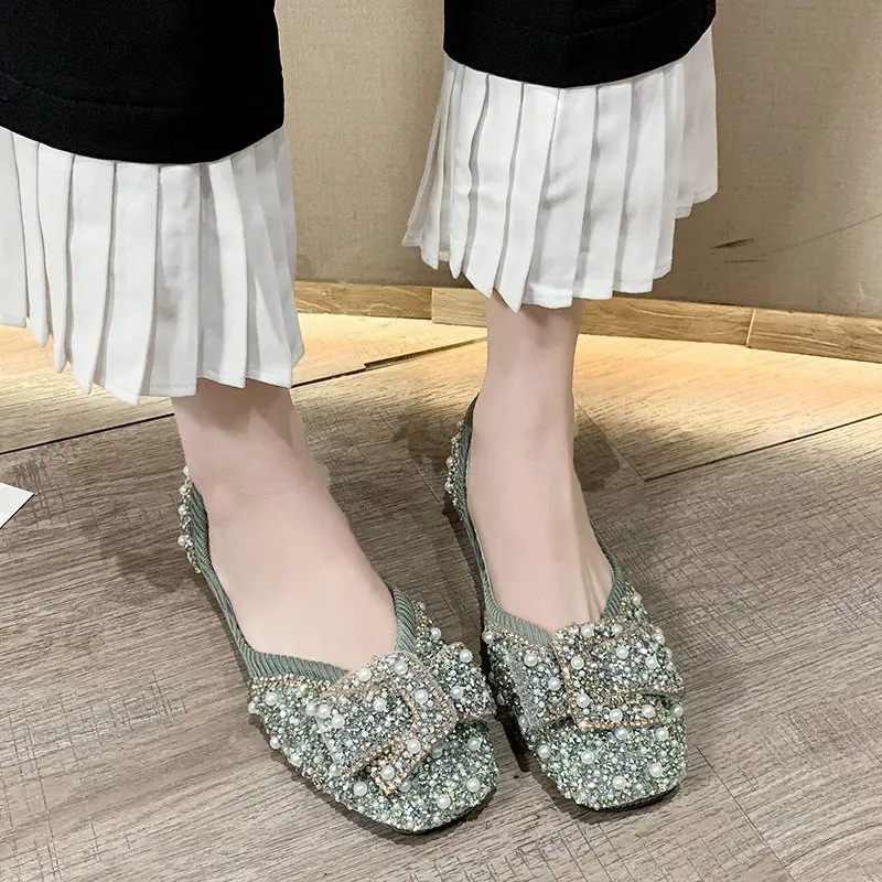Flat shoes women's spring and summer rhinestone bow shallow mouth square head gentle fairy shoes comfortable soft beanie shoes