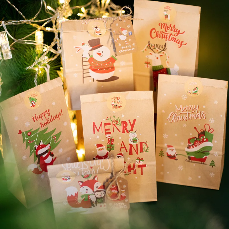 

24Sets Christmas Kraft Paper Bags Santa Claus Snowman Xmas Party Favor Bag Christmas Candy Cookie Gift Bag Pouch Wrapping Supply