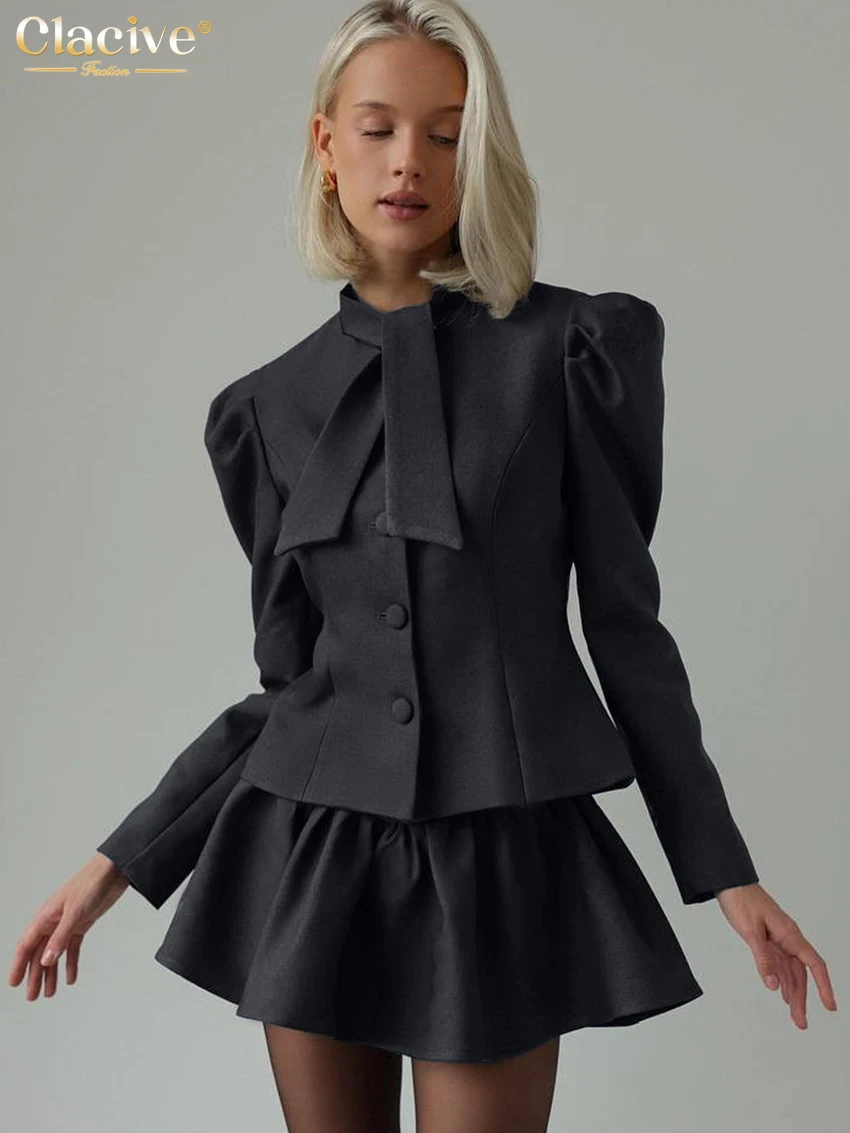 Фото Clacive Fashion Slim Серый офисный комплект из 2 предметов для женщин 2025 Элегантная рубашка с длинным рукавом и мини-юбкой с высокой талией Женский комплект №2