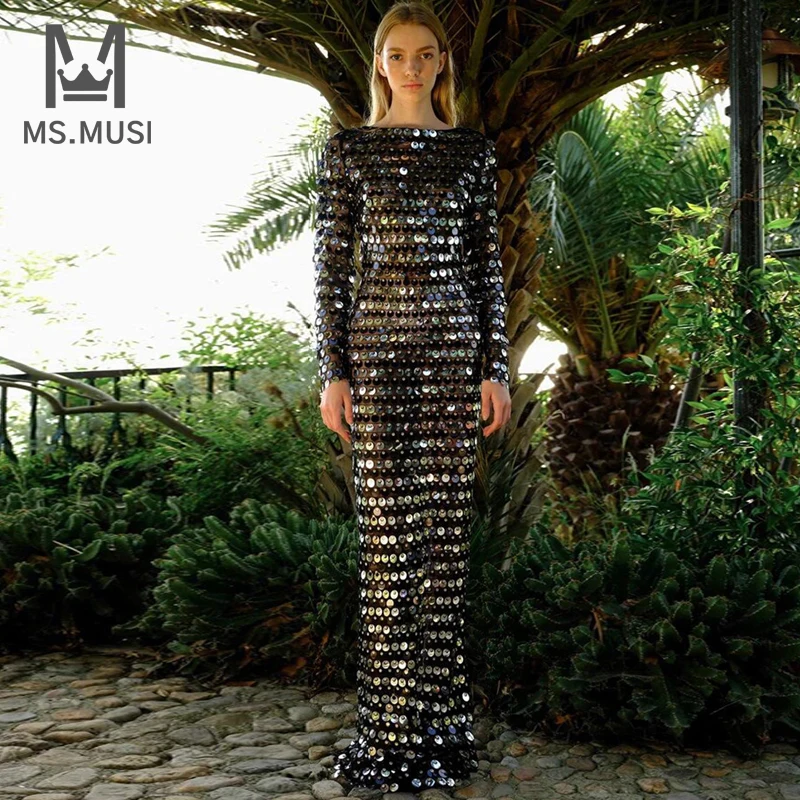 MSMUSI 2023 New Fashion Women Sexy Sequins Long Sleeve Lace Up Backless Slim Bodycon Party Club Slit Maxi Dress Long Dress Gown