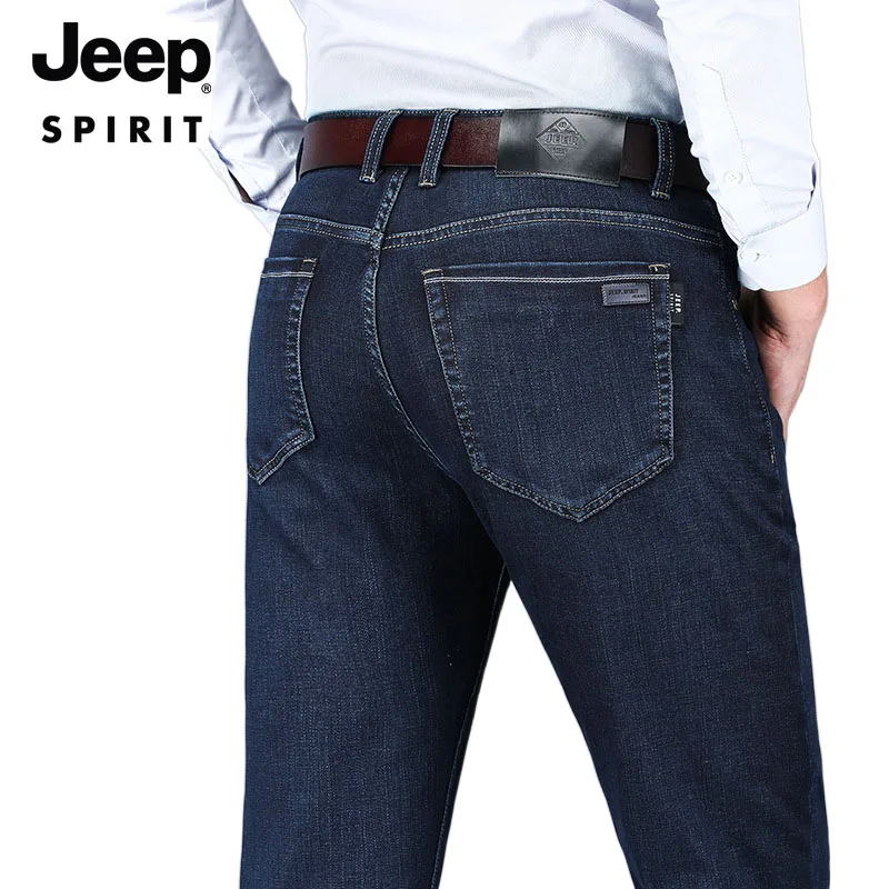 

JEEP SPIRIT autumn and winter classic men straight jeans thick loose elastic trousers fashion business men's youth denim pants