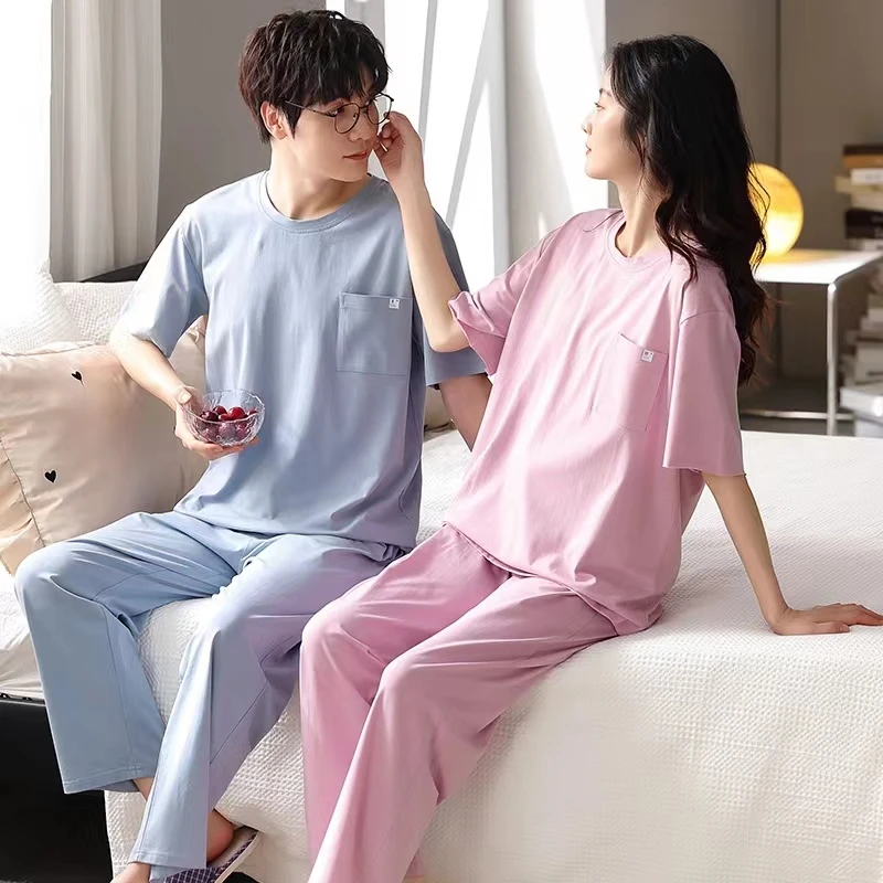 Yasuk 2022 Spring Fashion Women's Casual Lovely Soft Cotton Sleepwear Homewear Couple Pajamas Set With Pants Pocket Solid Print