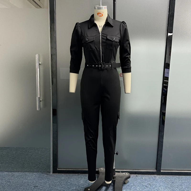 LIYONG Women Jumpsuit Fashion V Neck High Waist Short Sleeve Solid Tight Fitting Cargo Pant Romper High Streetwear Contains Belt