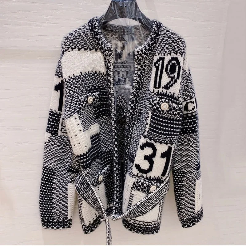

2022 Vintage StreetWear Coat Women Tops Sashes Elegent Classic Wool Autumn Winter Knitted Cardigan Female Sweater Woman Clothing