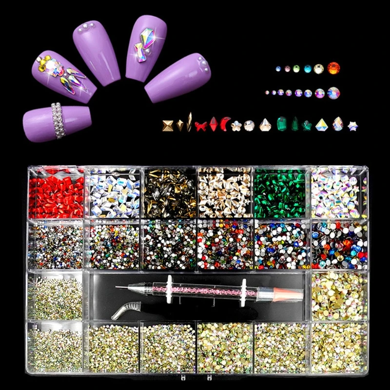 

21 Grids Glass Nail Art Decorations Multi Shapes with Dual-ended Dotting Pen Tweezers Set Nails Ornaments Manicure Tips Decor