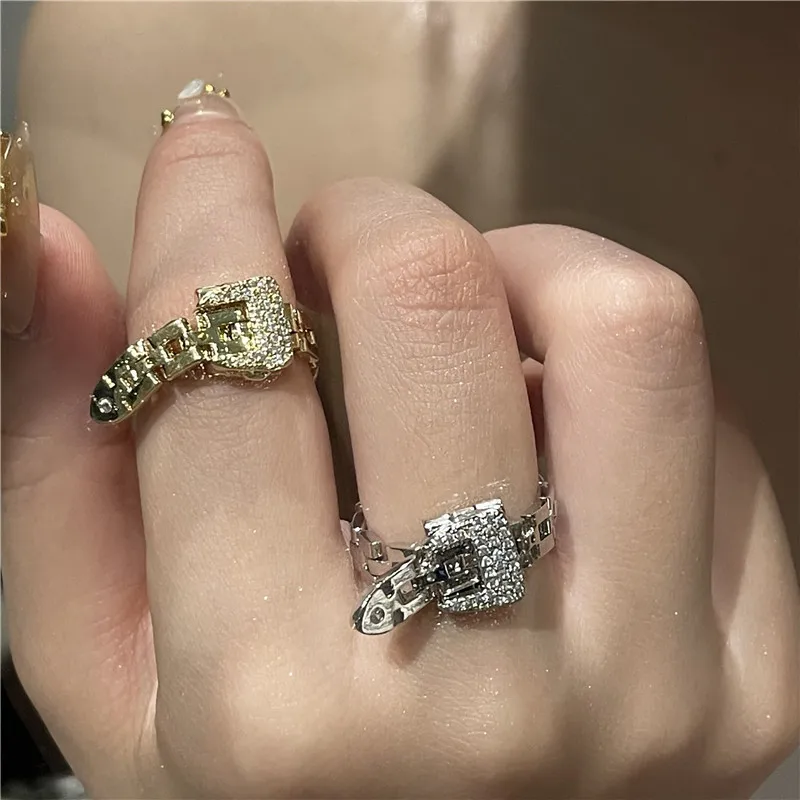 

Minar Personality Brass Gold Sparkly CZ Zirconia Adjustable Chunky Belted Belt Finger Rings for Women Sweet Cool Jewelry