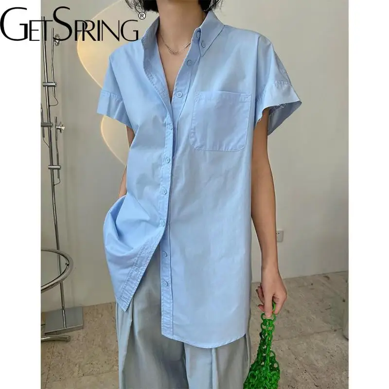 

GetSpring Women Shirt Temperament Short Sleeve Single Breasted Ladies Blouse Fashionable Loose Casual Long Summer Top 2022 New