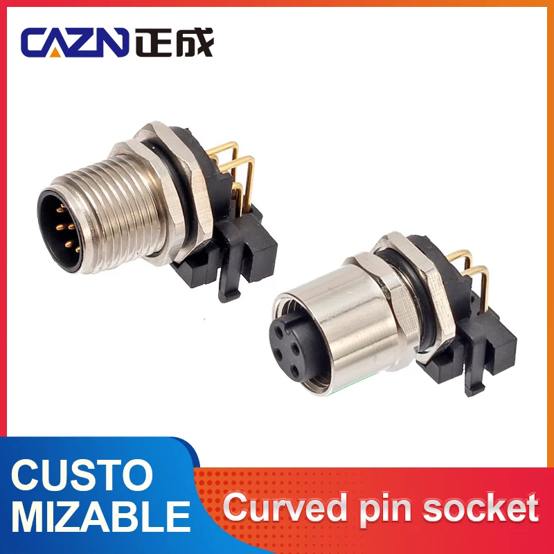 

CAZN M12 Aviation Plug Angle Straight Pin PCB Welding Male Back Mount Socket 2/3/5/6/8/12 Core Waterproof IP67 Connector