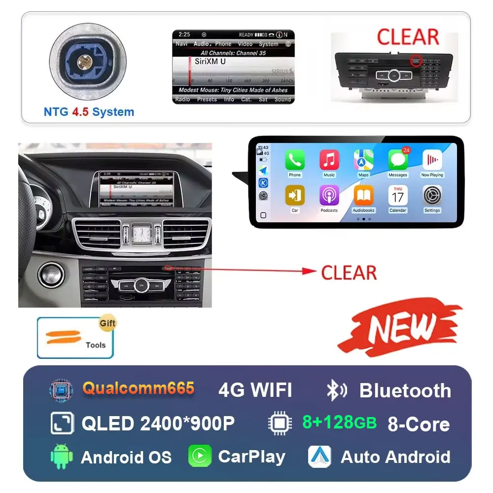 

Ультратонкий QLED-экран Android 16 Auto Carplay для Benz E CALSS W212 2009-2016 Автомобильный мультимедийный радиоплеер DSP WiFi 4G BT