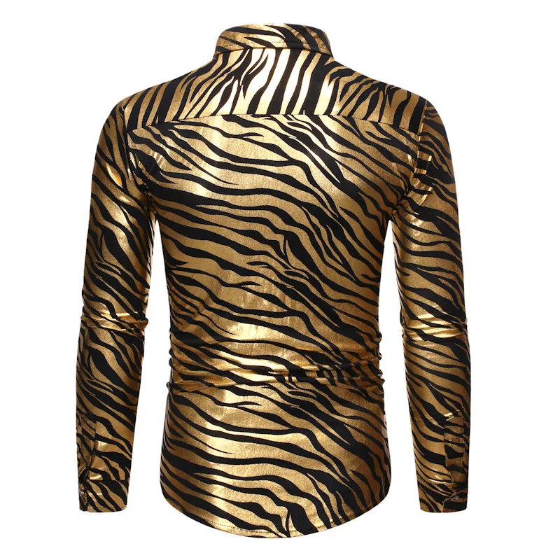Mattswag Mens Luxury Gold Black Tiger Stripes Shirts Spring Autumn Nightclub Performance Clothing Slim Fit Fashion Camisa Hombre