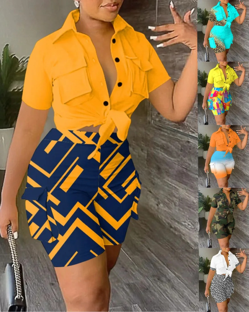 Two Piece Suit Women Summer Fashion Stand collar Print Button Casual V-neck Short Sleeve Pocket Tshirt Shorts Two Piece Set Wome