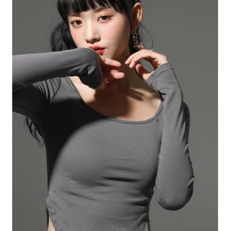

Women Long Sleeved Square Neck Basic T-Shirts Spring and Autumn New Irregular Hem Slim Casual Top Designed Bottoming Shirts 2022