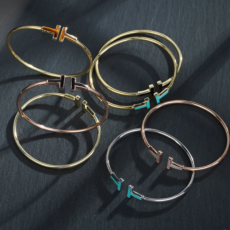 

925 Sterling Silver Double T Open Bracelet Luxury Jewelry Boutique Party Fashion Classic Temperament Holiday Gift