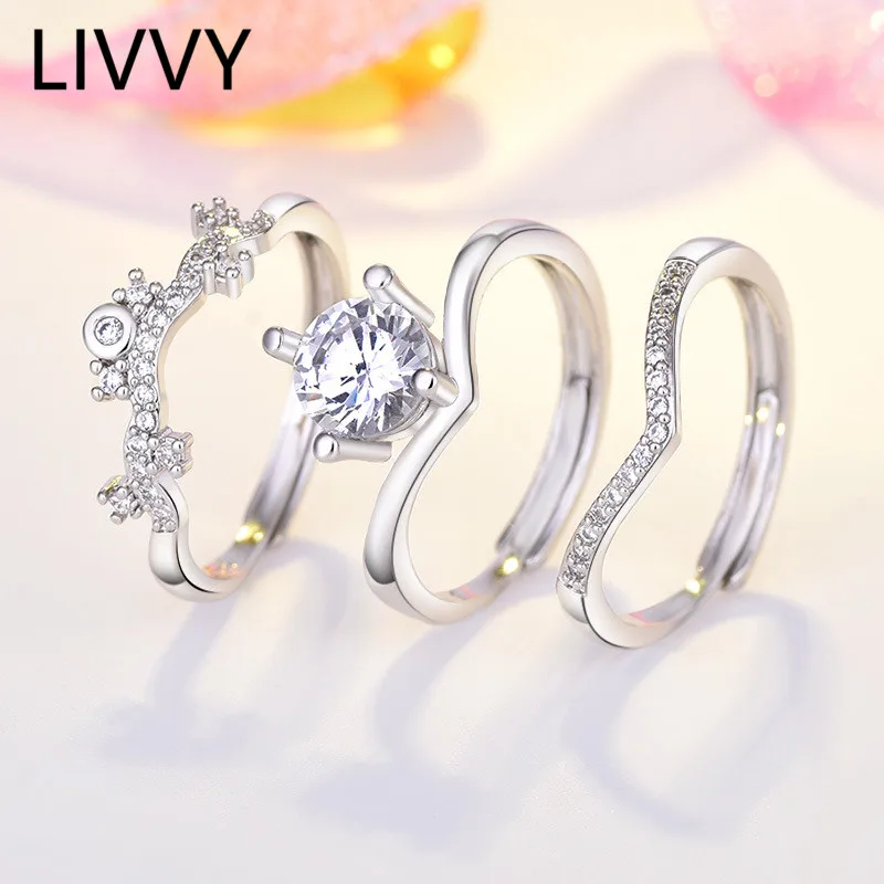 

LIVVY 3Pcs Silver Color Crystal Zircon Wedding Rings For Women Fashion Luxury Engagement Rings Jewelry Accessories Gifts
