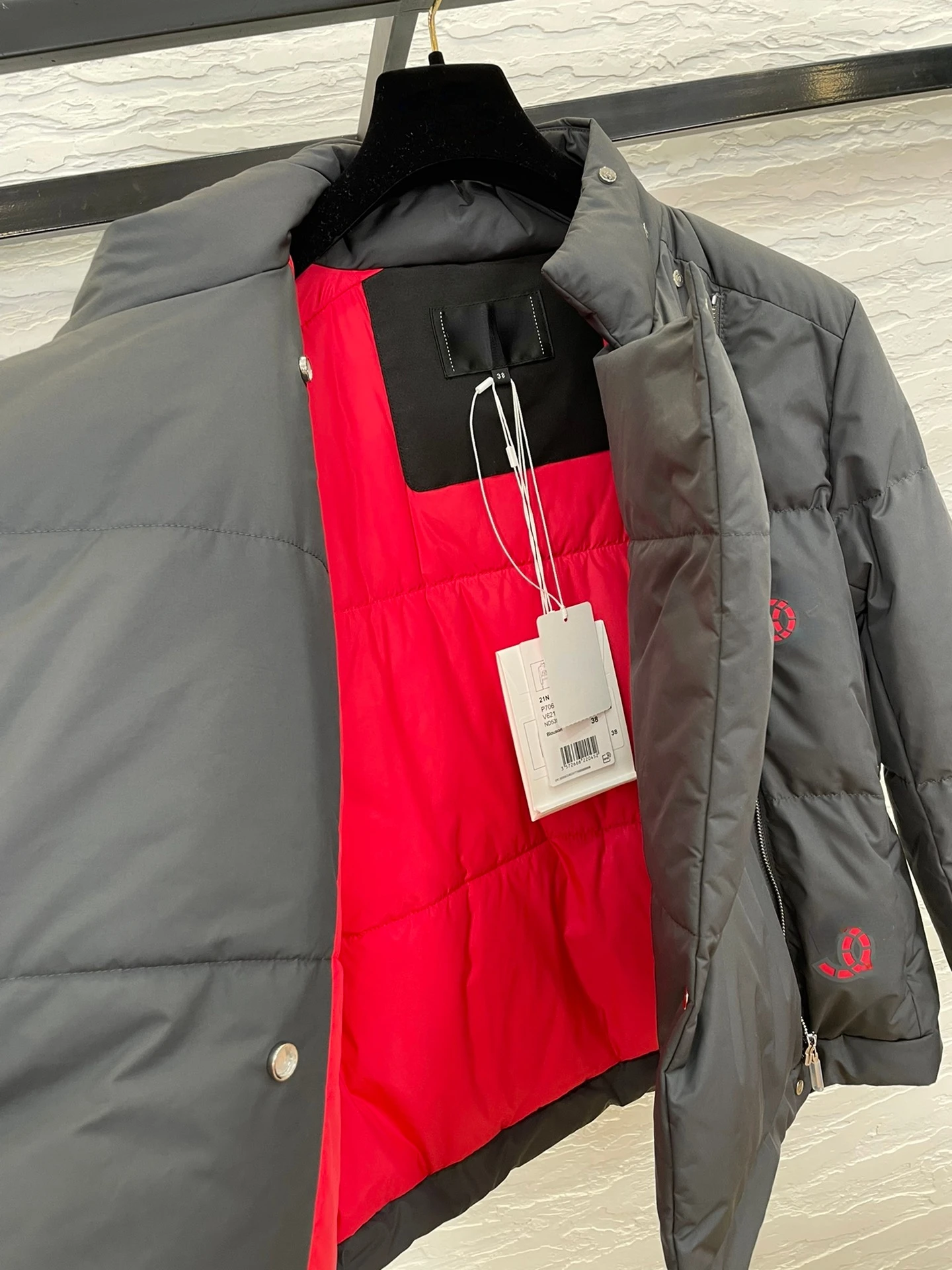 

Women Fashion Top Quality Red Geometric Print Grey Down Jacket Casual Style Turtleneck Long Sleeve Outerwear & Coats