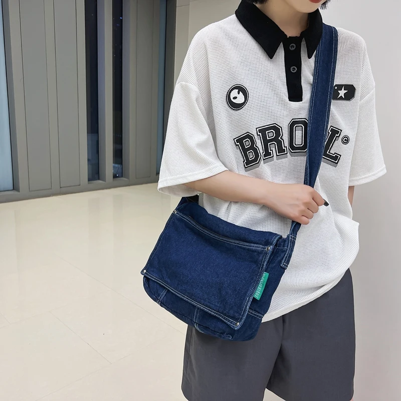Купи Denim Messenger Bags For Women 2022 Japan Style Casual Shoulder Bag College Student Bag Large Jeans Bag Solid Flap Bag Quilted за 828 рублей в магазине AliExpress