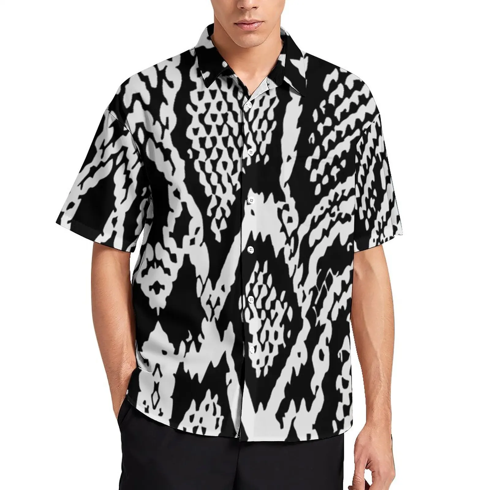 

Боа, черная рубашка для отпуска с змеиным принтом, Гавайские повседневные рубашки с принтом в виде змеиной кожи, мужские блузки в стиле Хара...