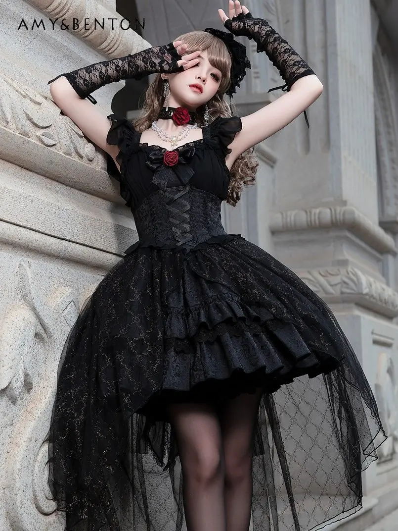 Black JSK Gothic Style Lolita Dress Girl Retro Lolita Style Japanese Sexy Dress Female Sleeveless High Waist Dress