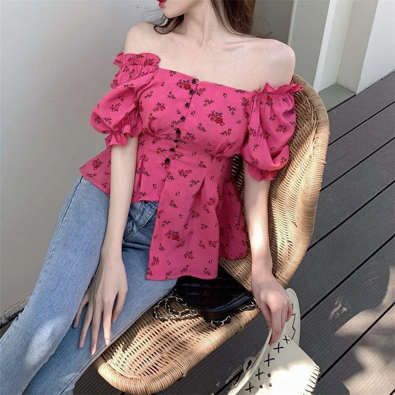

Irregular Shirts Women Floral Printed Elegant Crop Tops Square Collar Puff Short Sleeve Female Fashion Summer Blouse T-shirt