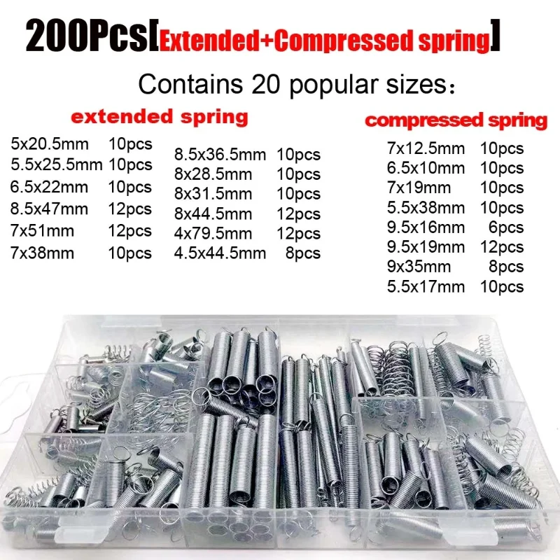 

200Pcs/Set Compression & Extension Spring Assortment Set for Home Coil Spring Tension Spring Pressure Kit With Storage Box