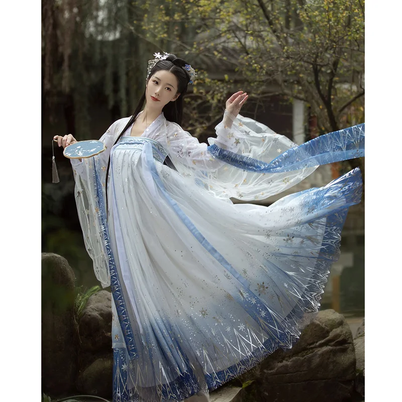 

2022 Summer Chinese Style Blue Bronzing Hanfu Dress For Women Princess Fairy Dance Costumes Carnival Halloween Cosplay Clothing