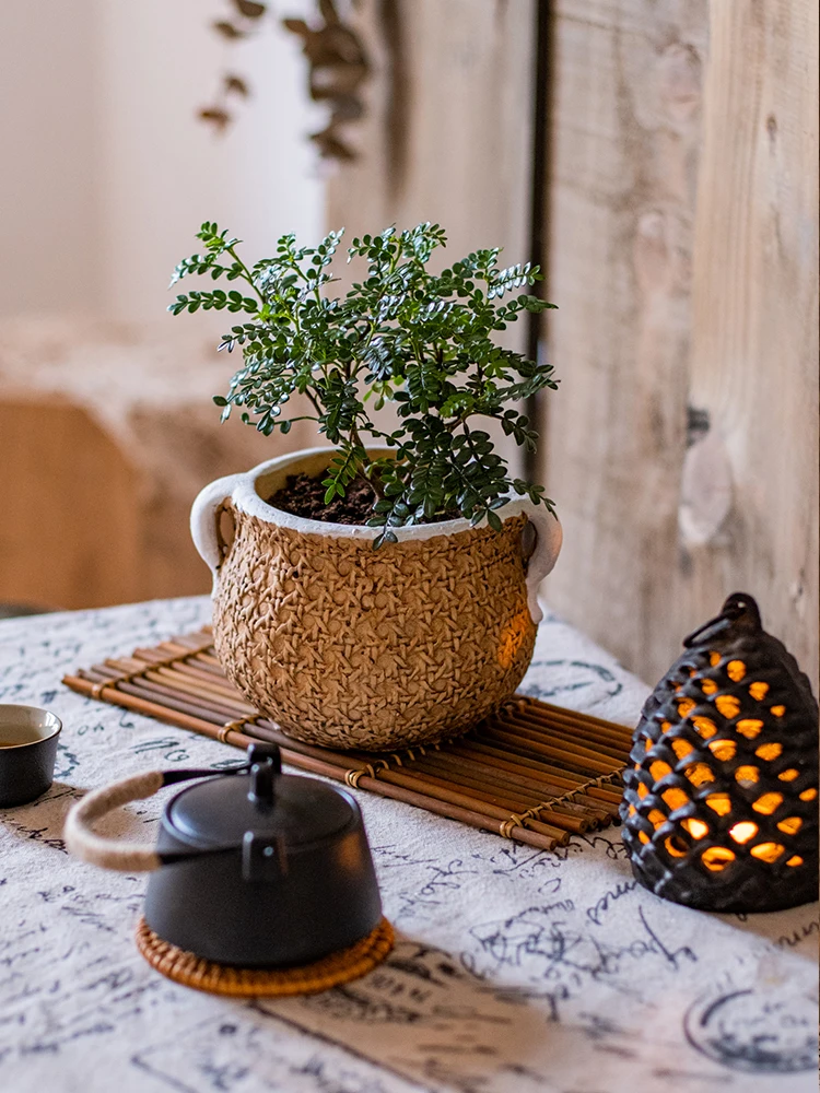 

Cement Binaural Flowerpot Simple Weaving Effect Creative Flowerpot All-Match Green Plant Potted Succulent Balcony Garden