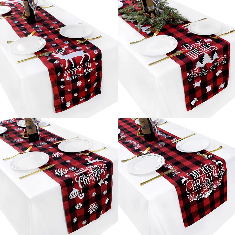 

1pc Christmas Red Black Stripe Tablecloths Snowflake Elk Merry Christmas Plaid Tablecloth New Year Party Xmas Table Decoration