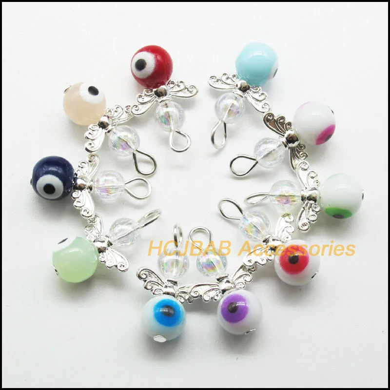 Модные Посеребренные Круглые Стеклянные Подвески с ангельскими глазами 10 шт. 14x30 мм