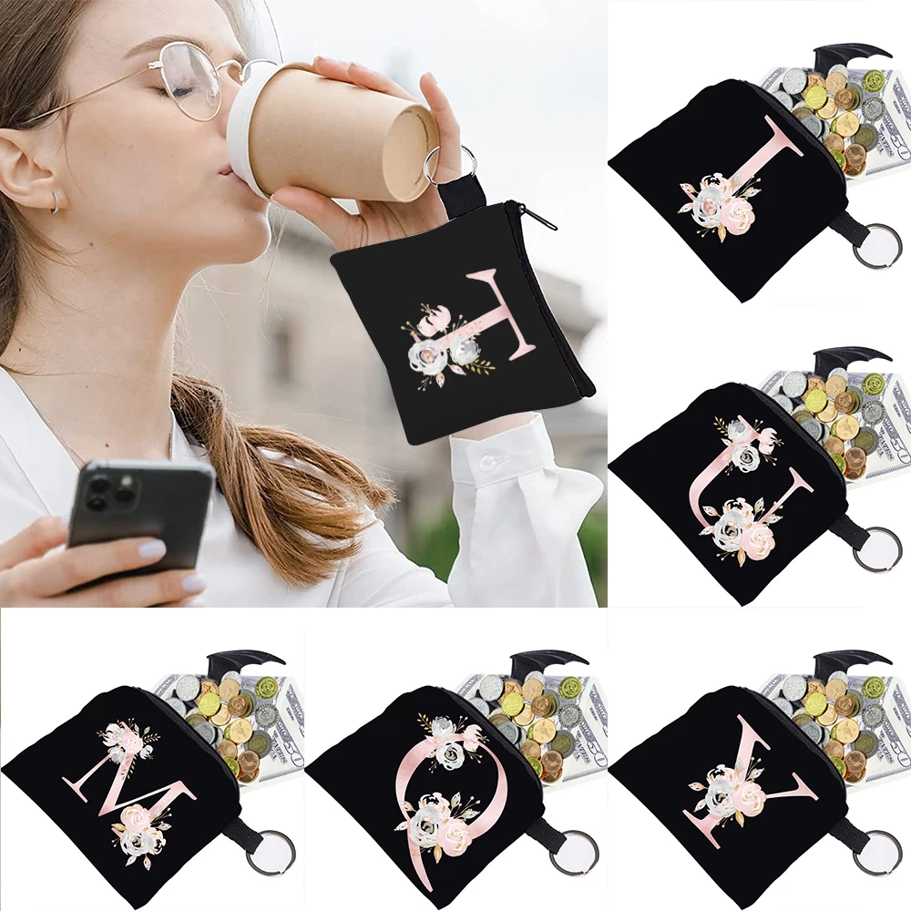 

2022 Women's Bag Coin Purse English Pink Mother Print Pattern Key Storage Bag Small Object Ring Buckle Zipper Black Canvas Mini