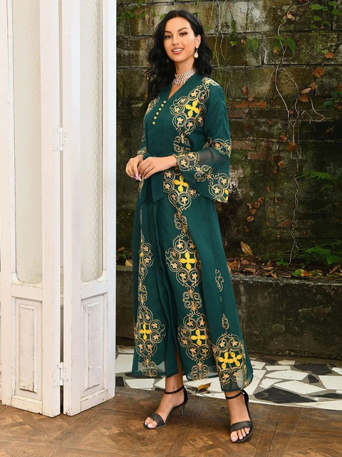 Kaftan Morocco Fashion 2023 Autumn Winter Embroidered Long Dress Muslim Abayat Casual Split Hem Ladies Dresses With Belt