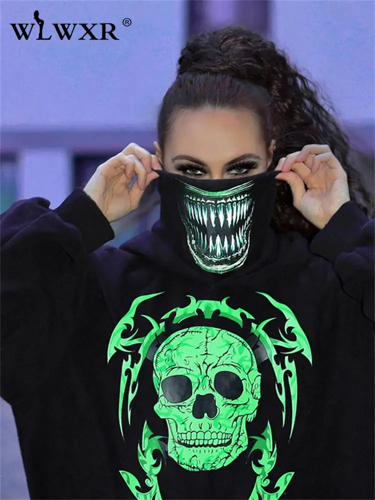 

WLWXR Осенние повседневные Модные свободные толстовки с принтом черепа для женщин 2022 уличная одежда с длинным рукавом с капюшоном черные женские пуловеры с карманами