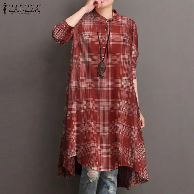 

2022 Spring Plaid Irregular Hem OL Chemise Women Casual Grid Full Sleeve Long Blouse ZANZEA Elegant O Neck Checked Printed Shirt